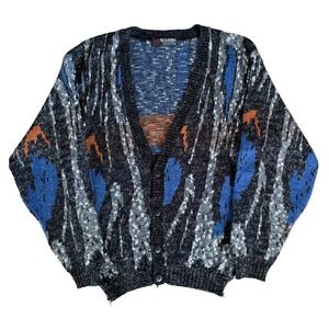 Vintage Scandia Abstract Knit Cardigan‎ Sweater Mens Medium Blue Black USA Made